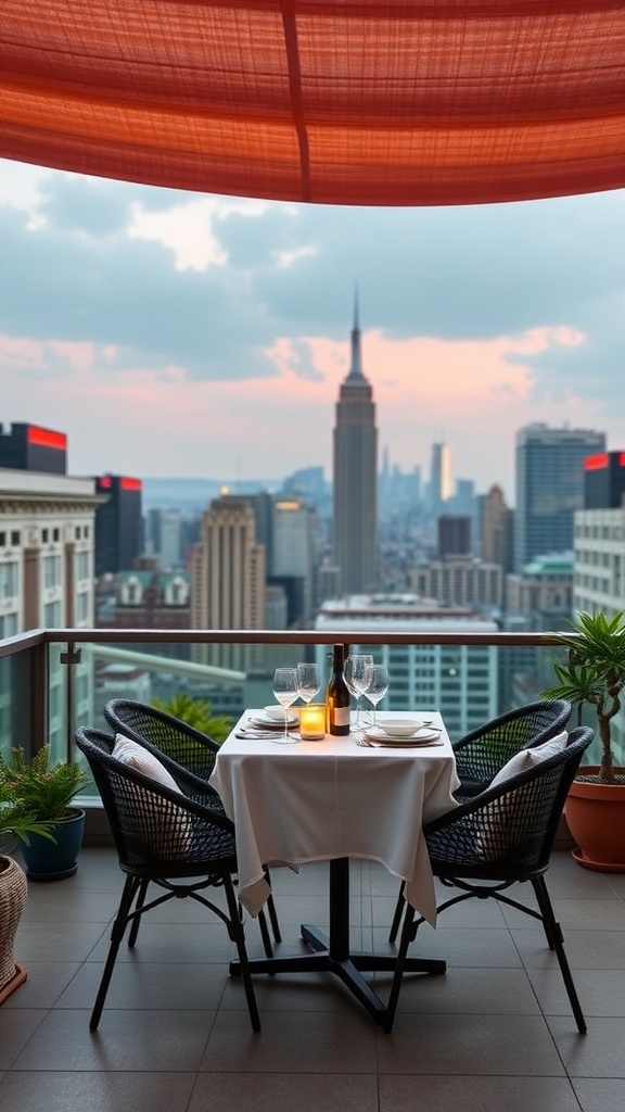 Romantischer Essbereich auf einer Dachterrasse mit Blick auf die Stadt