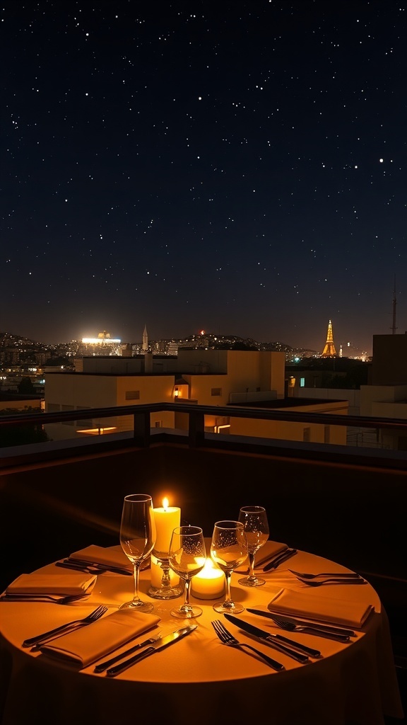 Romantischer Essbereich auf einer Dachterrasse mit Blick auf die Stadt und einem Pool