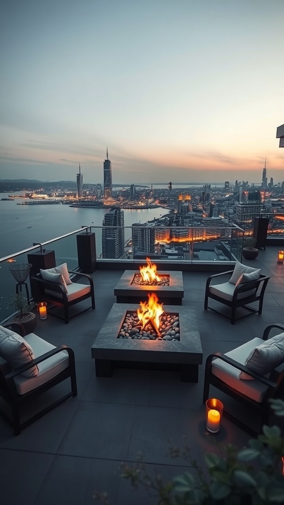 Romantische Feuerstelle auf einer Dachterrasse mit Stadtblick