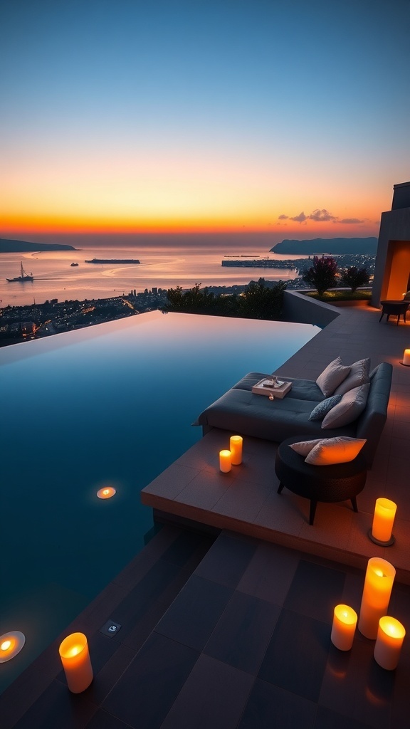 Infinity-Pool mit Blick auf den Sonnenuntergang, Kerzen und gemütliche Sitzgelegenheiten