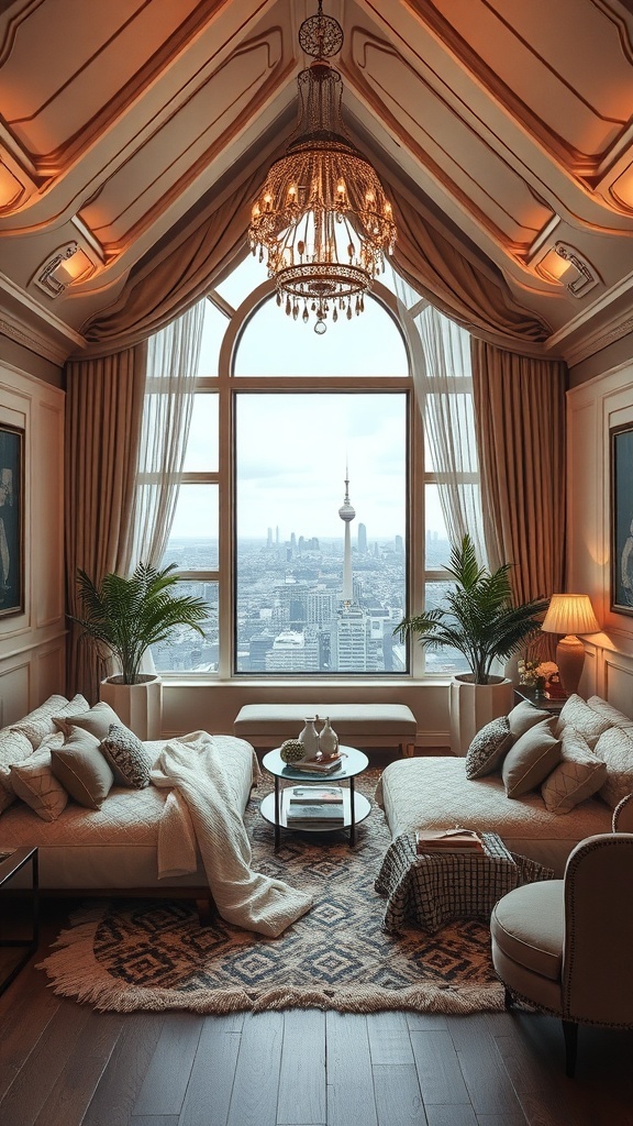 Ein romantisches Schlafzimmer mit hohen Decken, einem Kronleuchter, großen Fenstern und gemütlichen Betten.
