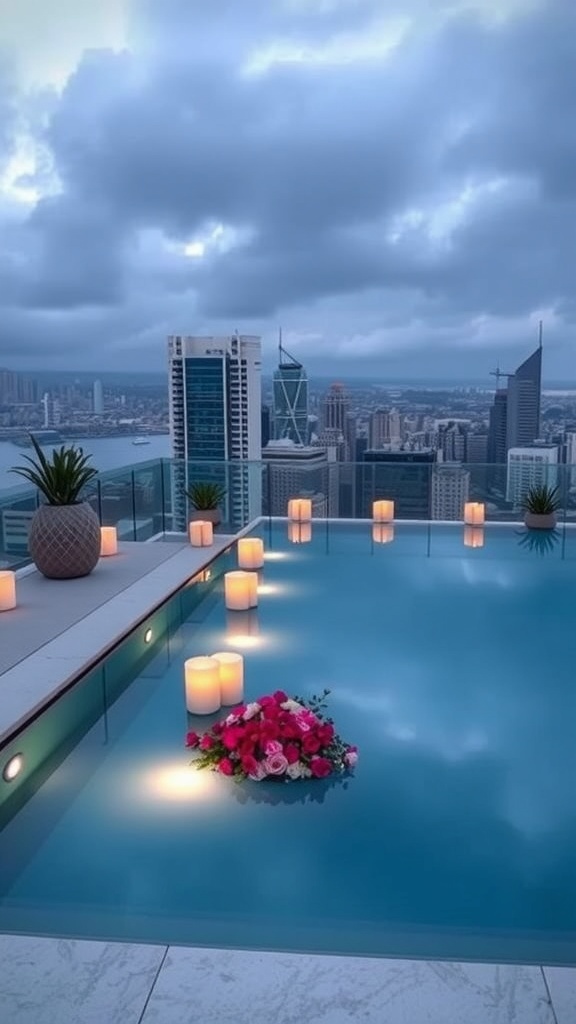 Romantischer Pool mit Blumen und Kerzen, Blick auf die Stadt