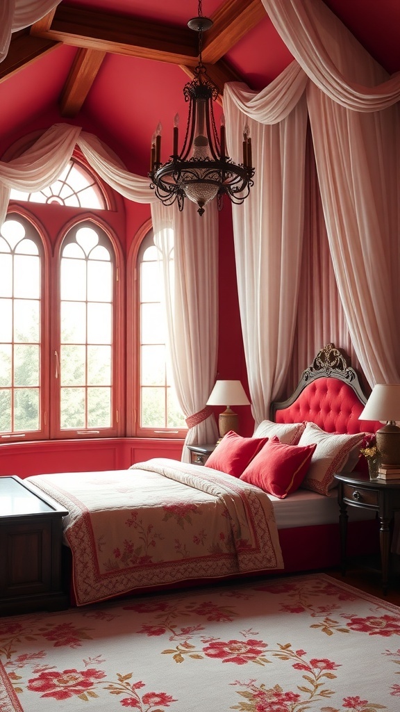 Romantisches Schlafzimmer mit kirschroten Wänden, weißen Vorhängen und eleganter Bettwäsche.
