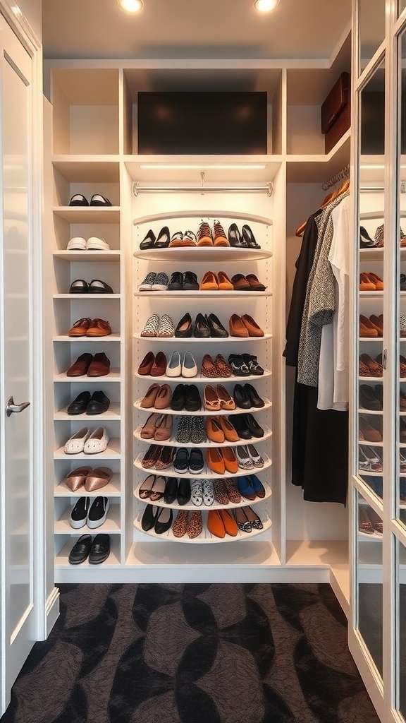 A compact walk-in closet featuring a rotating shoe rack with various shoes organized neatly on shelves.