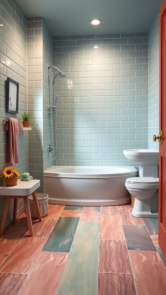 A colorful bathroom featuring rubber flooring with a mix of colors and textures, complemented by pastel wall tiles.