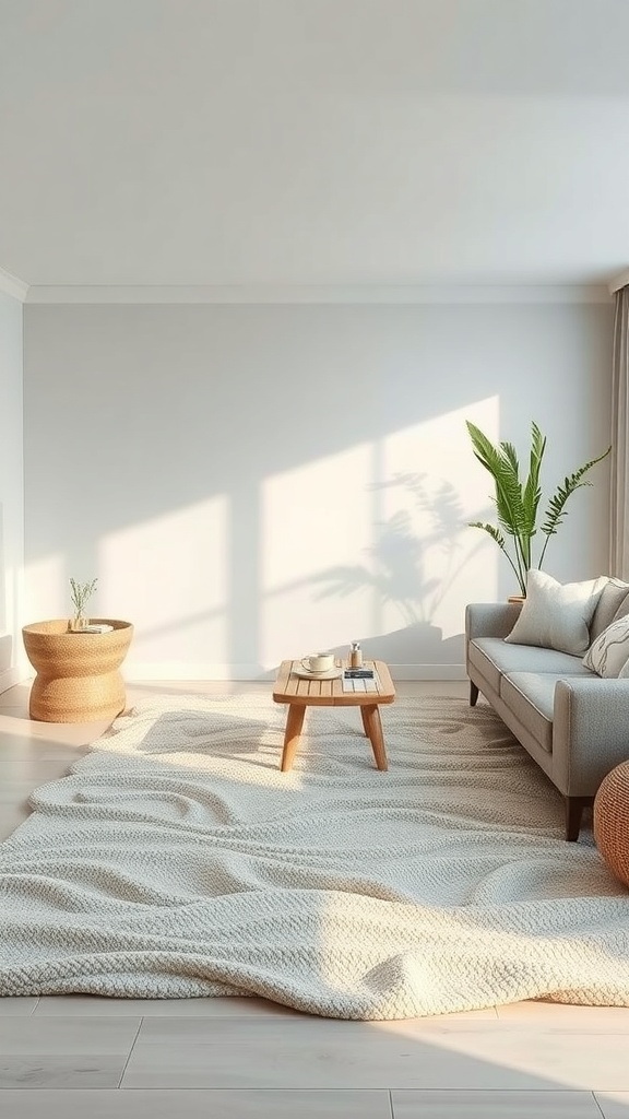 A cozy living room featuring a rug with sand-like patterns, a small wooden table, and a sofa.
