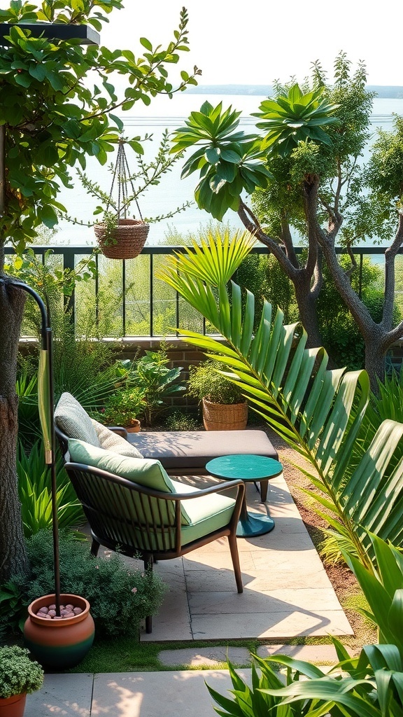 Gemütliche Sitzecke im Garten mit Pflanzen und Blick auf das Wasser