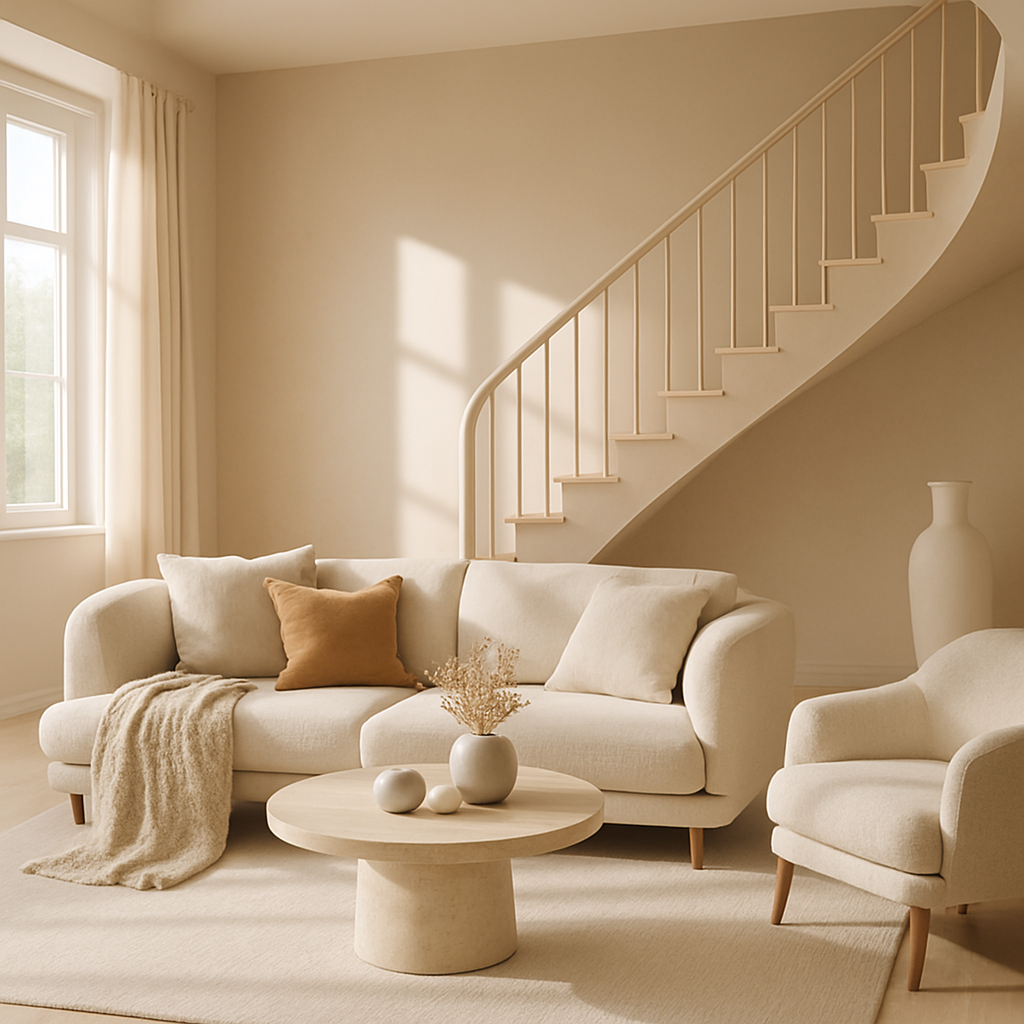 Modernes Wohnzimmer mit ruhigen Farbnuancen und minimalistischen Möbeln