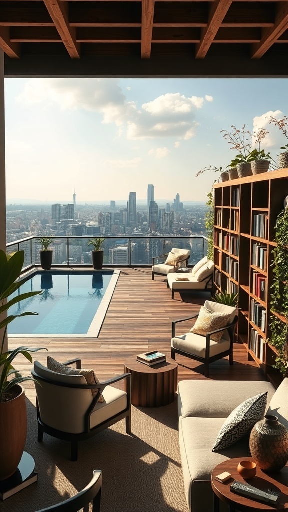 Eine elegante Leseecke auf einem Dachgarten mit Blick auf die Stadt, umgeben von Pflanzen und einem Pool.