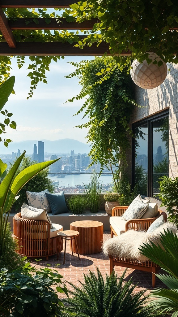 Eine ruhige Terrasse mit bequemen Möbeln und viel Grün, die eine entspannende Atmosphäre schafft.