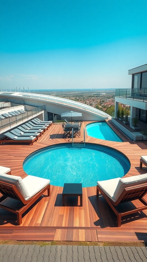 Runder Pool mit Holzdeck und Liegen