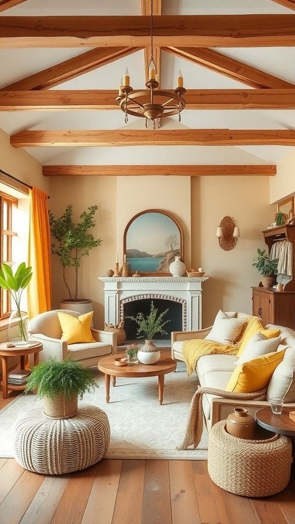 A cozy living room with wooden beams, yellow accents, and plants, showcasing rustic-chic aesthetics.