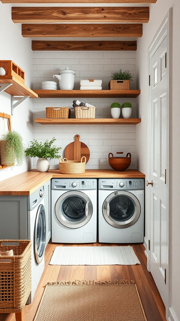 Modern laundry room with rustic wooden beams, open shelving, and warm wood flooring.