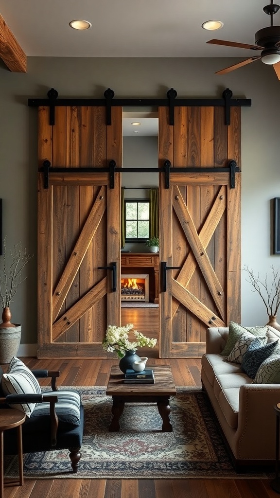 Rustic barn doors used as room dividers in a cozy living room.