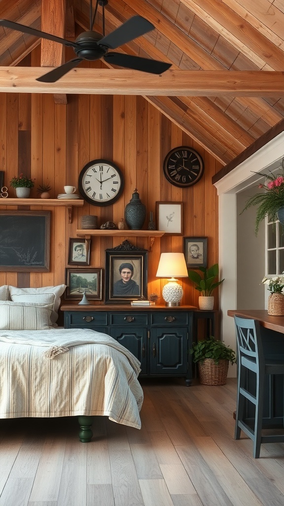 Interior with rustic barnwood accent wall, featuring a bed, clocks, and decorative items.