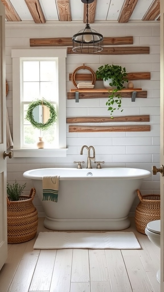 A rustic bathroom featuring a freestanding tub, wooden shelves, and natural decor.