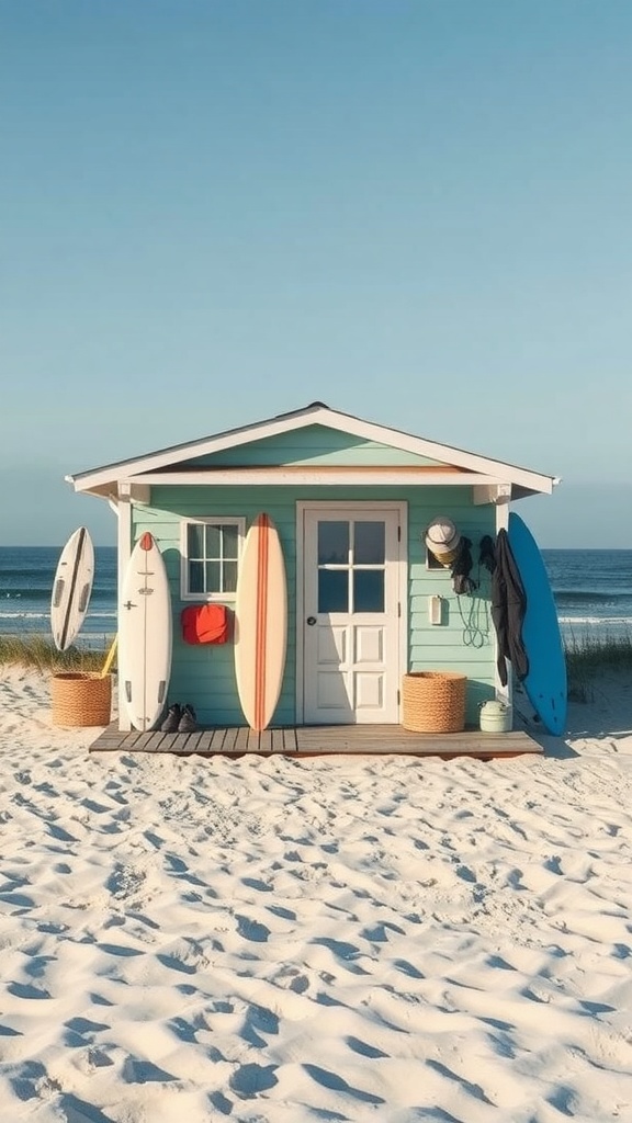 A rustic beach shack with surfboards on the side, set against a sandy beach and clear blue sky.