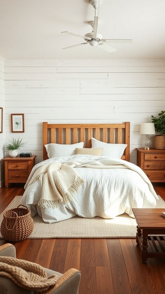 A cozy rustic bedroom featuring shiplap walls, a wooden bed frame, and soft white bedding.