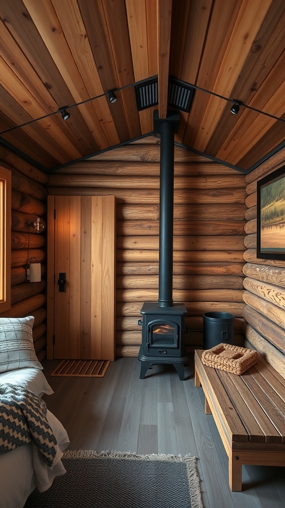 Interior of a rustic cabin-style sauna with wooden walls, a wood-burning stove, and a cozy bench.