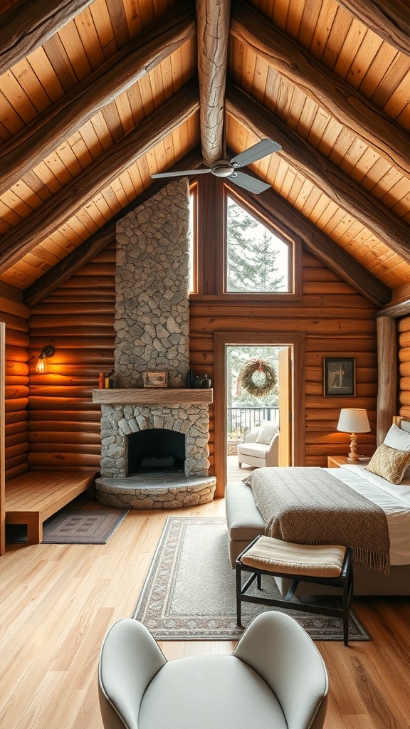 Interior of a rustic cabin-style sauna with wooden beams and a stone fireplace