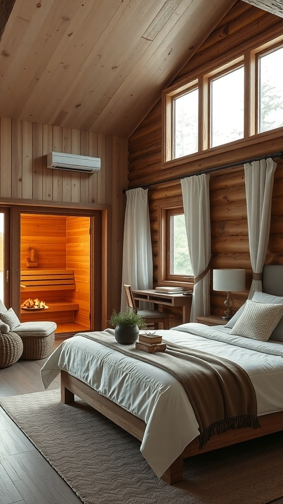 A rustic cabin bedroom featuring wooden walls, a cozy bed, and a sauna visible in the background.