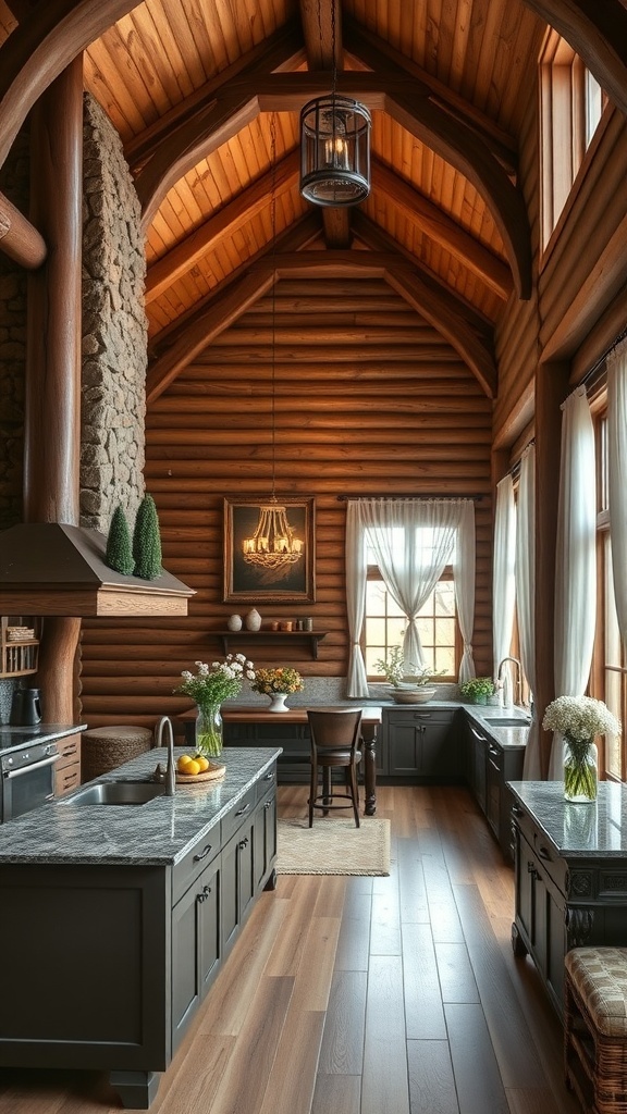 A rustic kitchen with wooden beams, log walls, and a large island, featuring natural light and a cozy atmosphere.