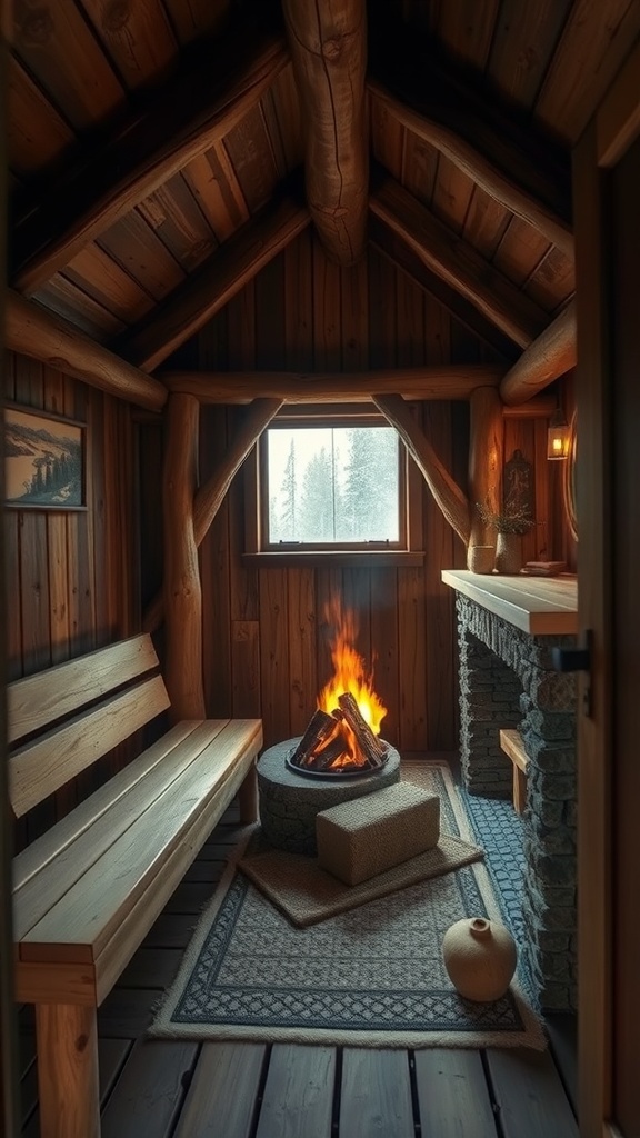 A rustic cabin sauna with wooden interior, large windows, and a view of nature.