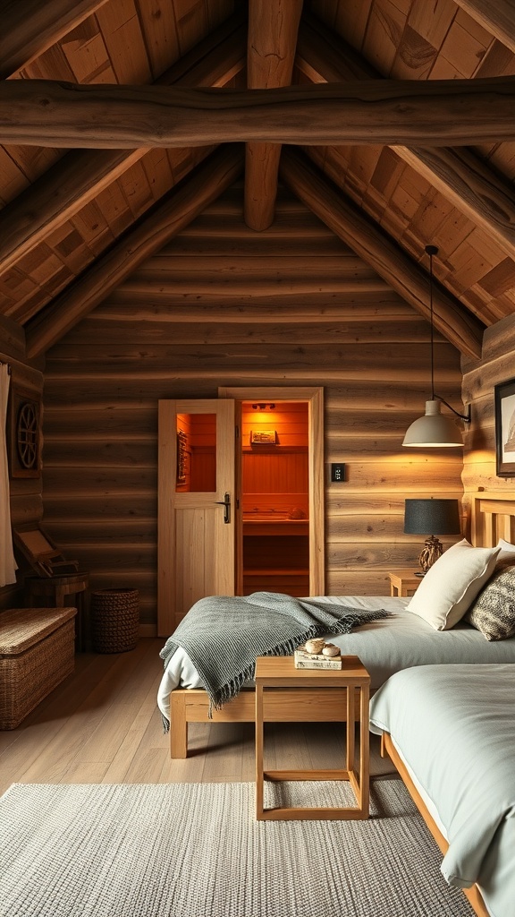 A cozy bedroom with rustic wooden walls and beams, featuring a sauna door and simple wooden furniture.