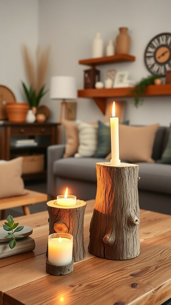 Rustic candle holders made from logs with candles lit on a wooden table.