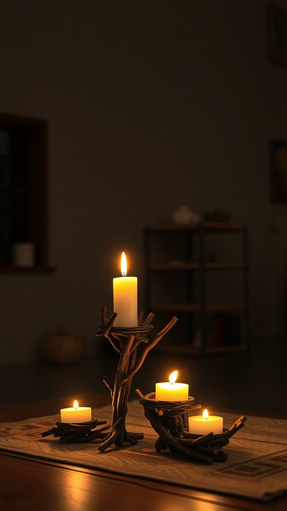 A set of rustic candle holders with lit candles, creating a warm and inviting atmosphere.