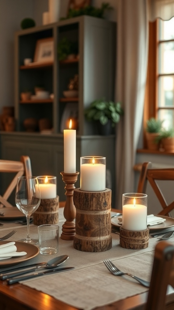A cozy table setting with rustic wooden candle holders and lit candles.