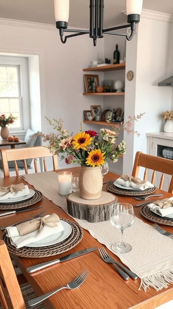 A rustic dining table centerpiece featuring a wooden slice with a vase of colorful flowers, surrounded by elegant table settings.