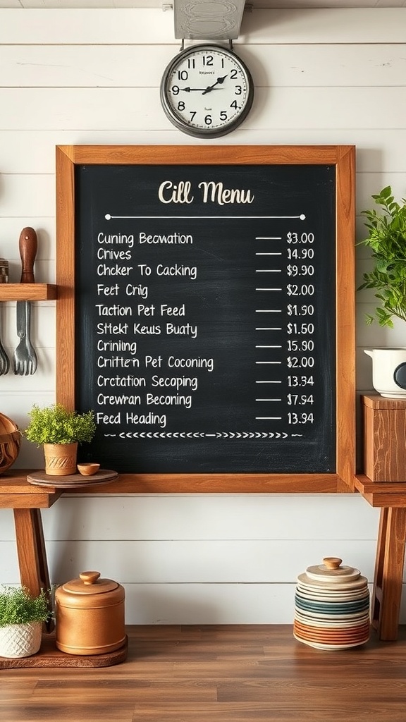 Rustic chalkboard menu with wooden frame displaying various items and prices, surrounded by kitchen decor.