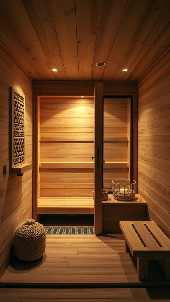 A cozy cedar wood sauna with smooth benches and soft lighting, creating a warm and inviting atmosphere.