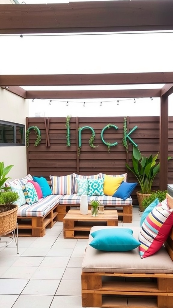 A rustic patio featuring pallet seating with colorful cushions and a wooden backdrop.