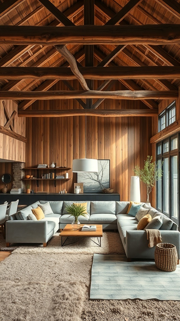 A rustic living room with wooden accents, featuring a sunken couch, wooden beams, and a cozy atmosphere.