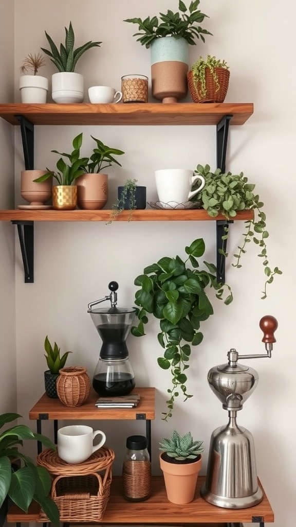 A cozy coffee nook with wooden shelves displaying plants, coffee accessories, and mugs.