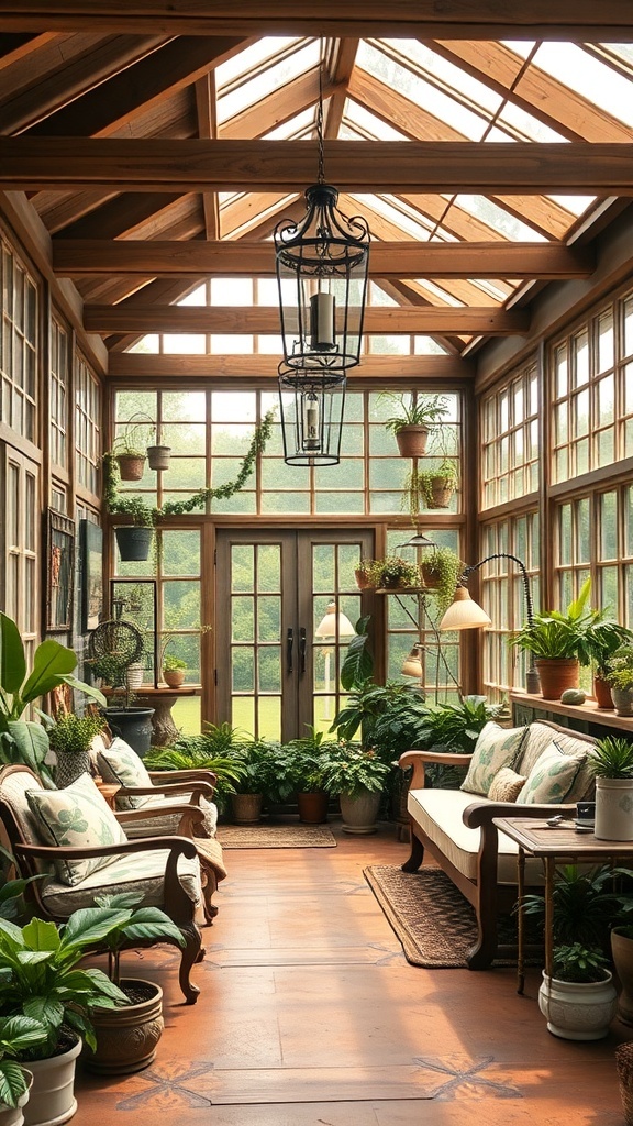 A rustic conservatory with wooden beams, large windows, and lush plants.