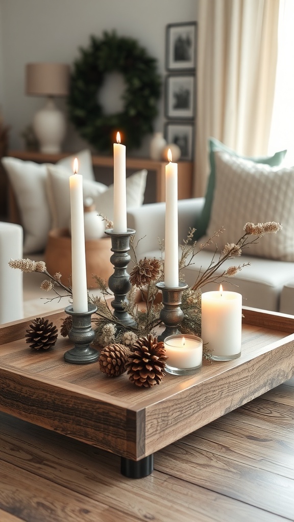 A rustic coffee table arrangement featuring a wooden tray with candles, pinecones, and dried flowers.
