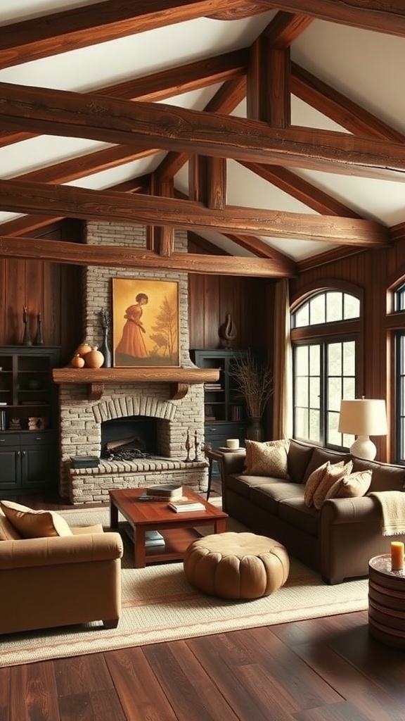 A rustic living room featuring chocolate brown elements, wooden beams, a stone fireplace, and cozy furniture.