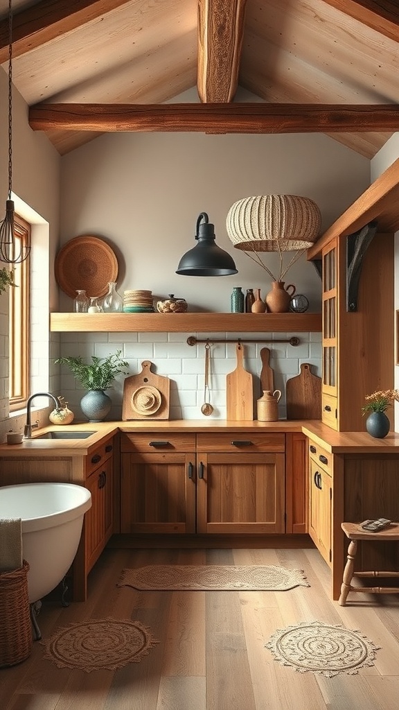 A rustic kitchen featuring wooden cabinets, a cozy bathtub, and warm color tones.