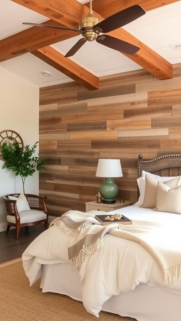 A rustic styled bedroom featuring a wooden accent wall, wooden ceiling beams, and cozy bedding.