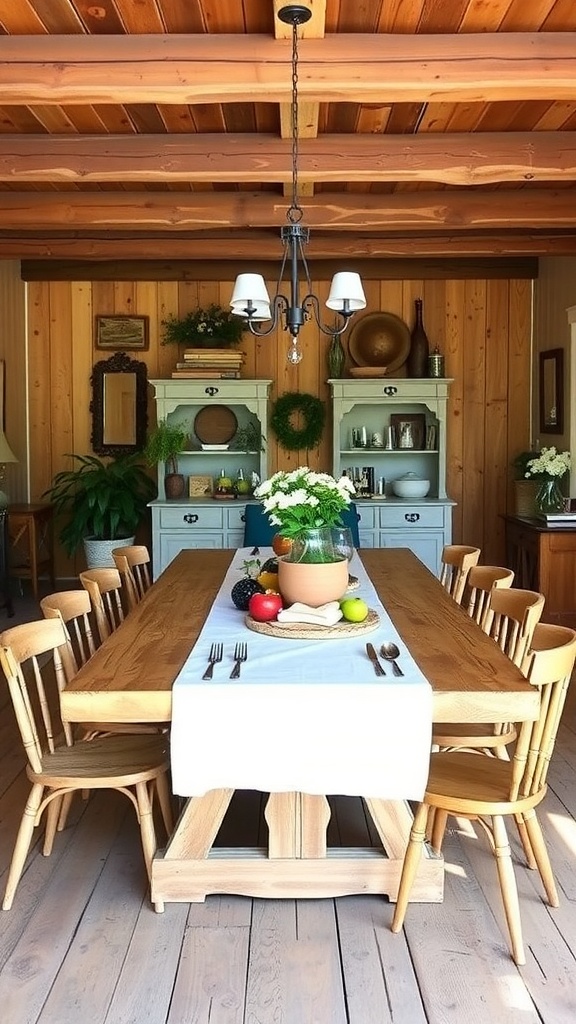 A rustic dining room featuring a large wooden farm table surrounded by wooden chairs, with a simple table setting and warm lighting.