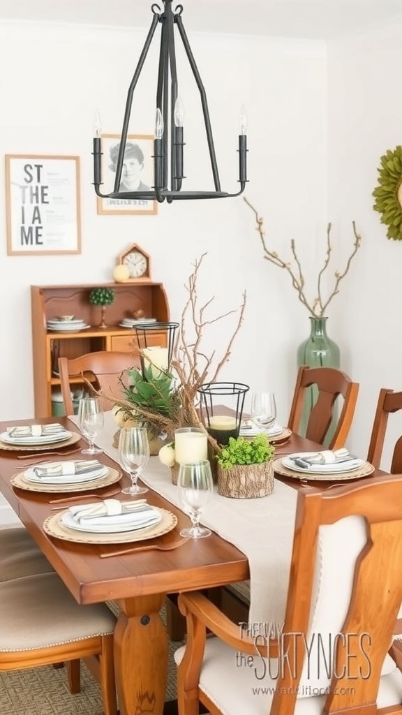 A rustic dining table centerpiece featuring natural elements, candles, and elegant dishware.