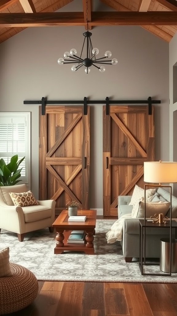 Cozy living room with rustic wooden elements, soft textiles, and warm lighting.