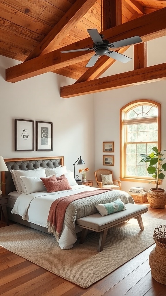 A cozy bedroom featuring rustic wooden beams, a modern bed setup, and decorative elements.