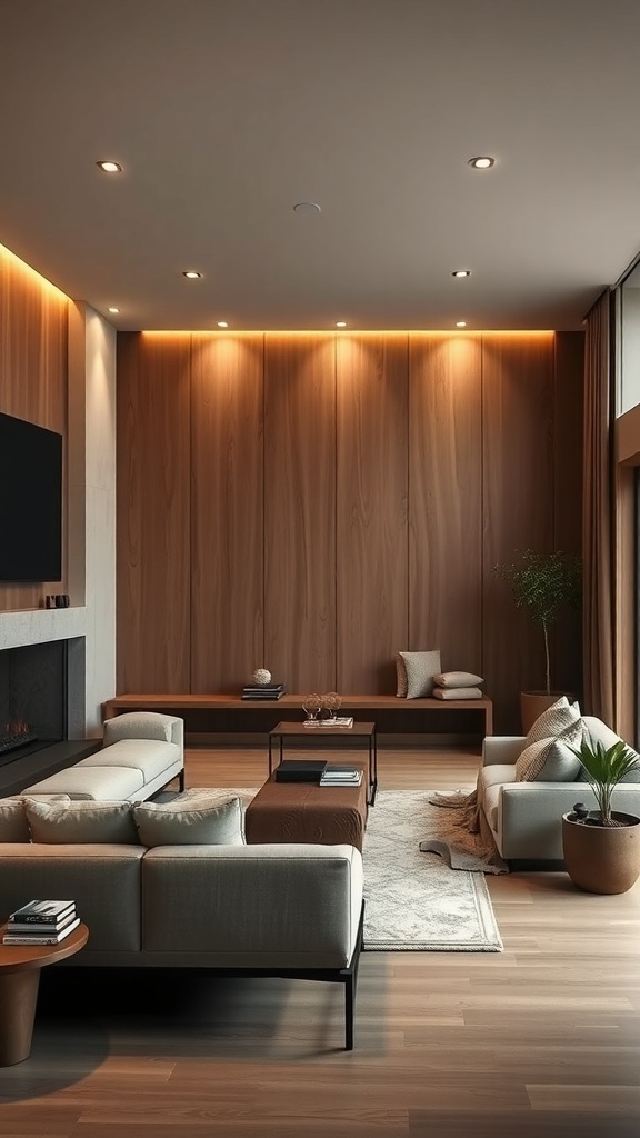 Cozy sunken lounge with wooden accents, soft cushions, and warm lighting