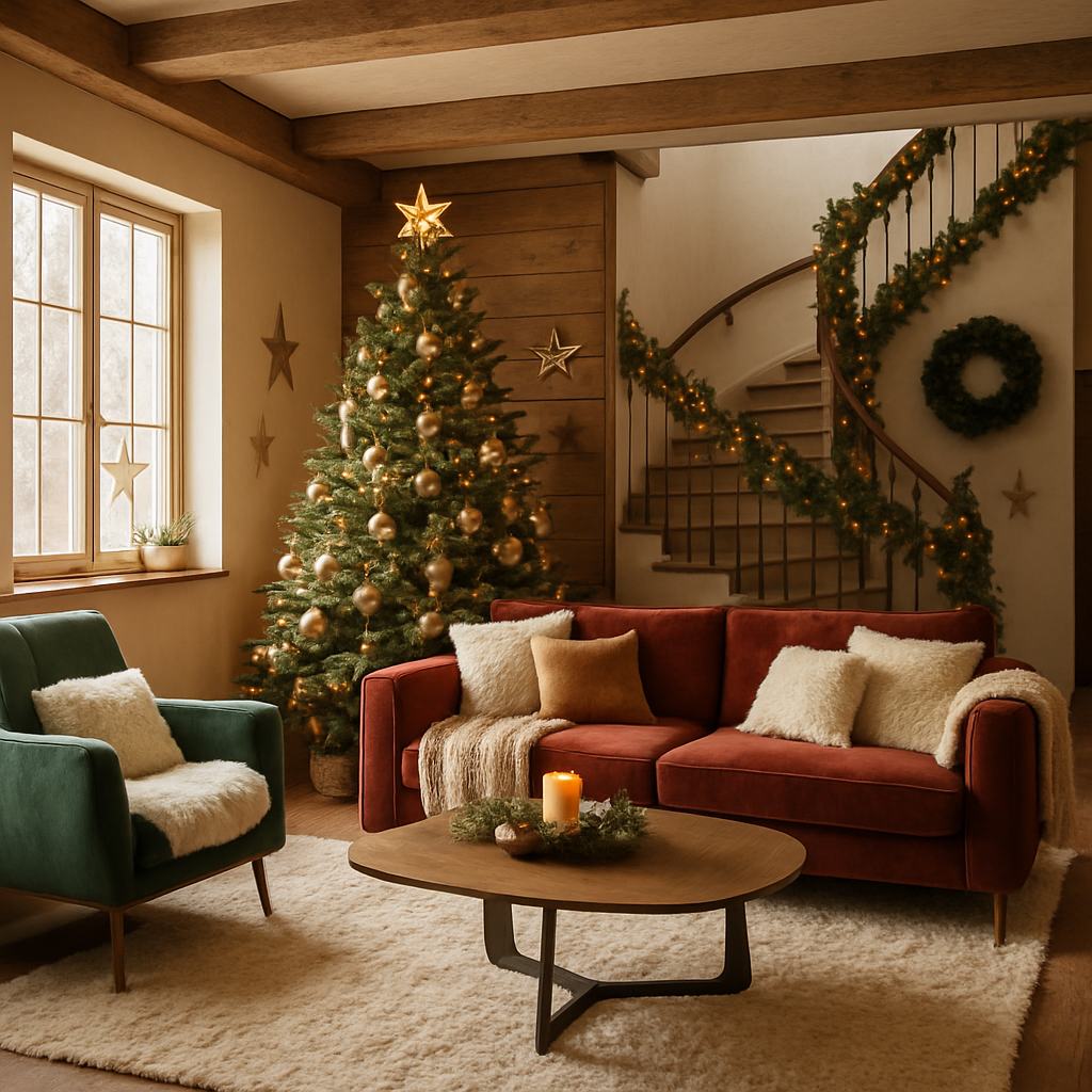 Gemütlicher Raum mit rustikalen Landhausakzenten, Weihnachtsbaum und festlicher Dekoration
