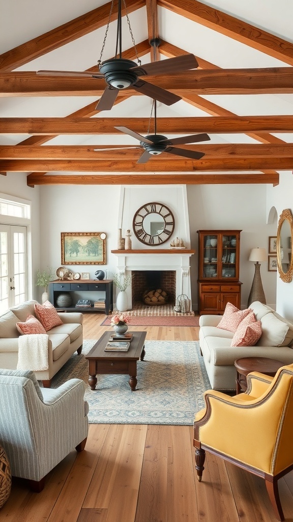 A cozy living room featuring rustic farmhouse charm with wooden beams, soft sofas, and a warm fireplace.