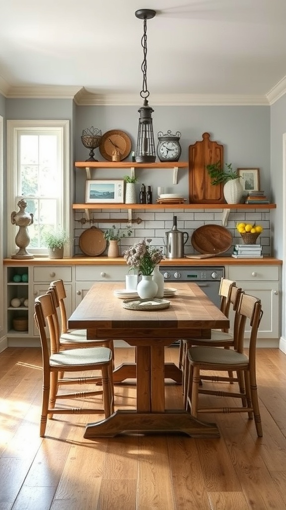 A rustic farmhouse kitchen with a wooden table, open shelves, and cozy decor.